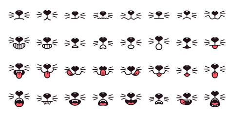 Cats mouth emotions. Cat happiness pet faces with hanging tongue nose moustache, animals kitten cute muzzle different mood expression happy or anger outline set vector illustration