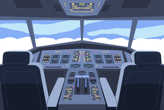 Airplane cockpit interior. Aircraft pilot cabin inside views, aeroplane jet flight deck captain chair, dashboard radar computer system control steering joystick vector illustration