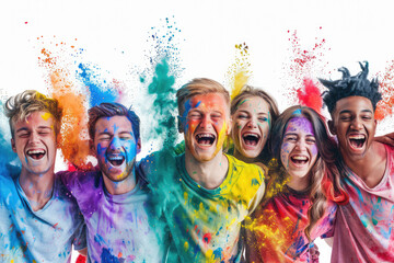Young faces of man and woman white background happily throwing colorful powder paint. Colors rainbow, celebration festive atmosphere marathon . Youth , sport, creativeness, positive. Layout copy space