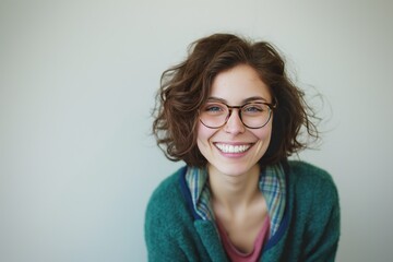 A comedy writer woman smiles brightly, wearing glasses and a green sweater.