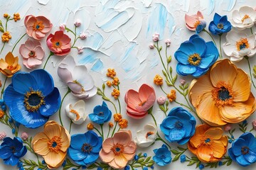Detailed oil painting featuring a row of vibrant flowers on a white background.