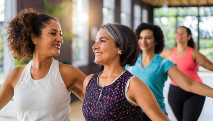 Naklejka premium Middle-aged women enjoying a joyful dance class, candidly expressing their active lifestyle through Zumba with friends