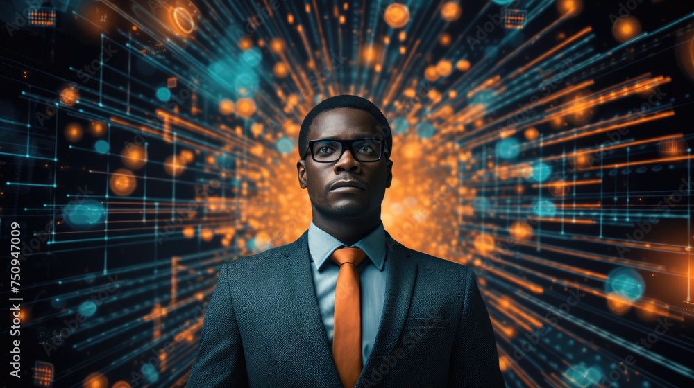 Poster tech analyst study cyber data chart from corporate system for statistical analytic defining marketin
