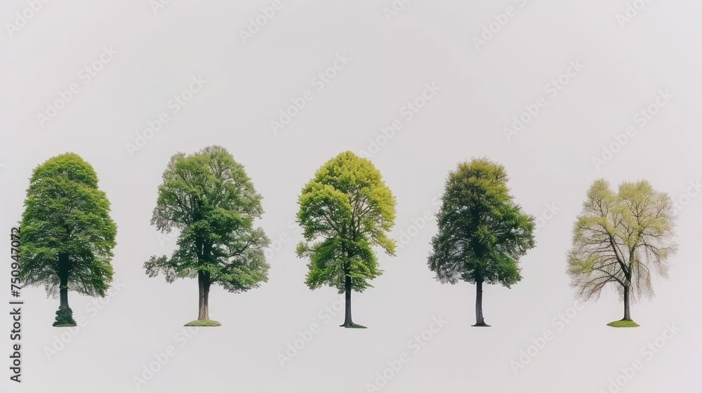 Poster a group of five trees in a row on a white background with a gray sky in the background and a few gre