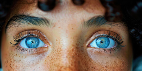 illustration of portait cut out with close up on blue eyes and dark hair, tanned skin with freckles - obrazy, fototapety, plakaty