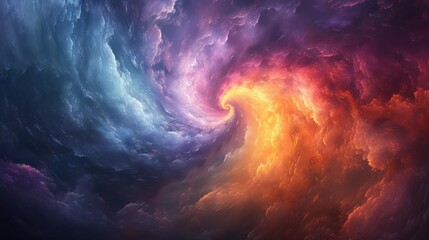 a painting of a colorful swirl in the middle of a dark blue, orange, and red cloud filled sky. - obrazy, fototapety, plakaty
