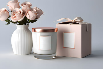 Jar candle packaging label, bouquet of roses, Product design, 3D mockup, Box packaging