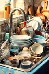 A metal sink filled with dirty dishes, crockery, and tableware, reflecting the aftermath of a meal and the need for washing and cleaning.
