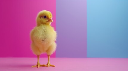 a small yellow chicken standing in front of a pink and blue background with a pink and blue rectangle behind it.