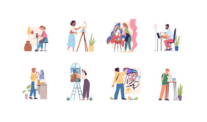 Painters hobby occupation. Artist creating mural or sculpture, painter with paintbrush painting drawing at easel, creative handicraft artistic characters classy vector illustration