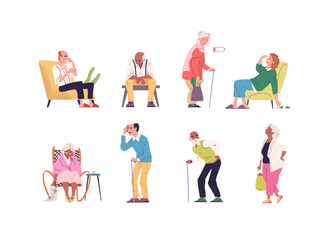 Naklejka premium Tired senior people. Sad seniors patient lacking energy, weak elderly sitting person resting, sick elders feeling fatigue, senility old man loneliness classy vector illustration