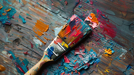 Paintbrush with very vibrant and colorful oil paints on it, very old wooden desk in the background, generative ai