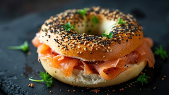a bagel sandwich with salmon, cheese, and sprinkles on top of a black slate board.
