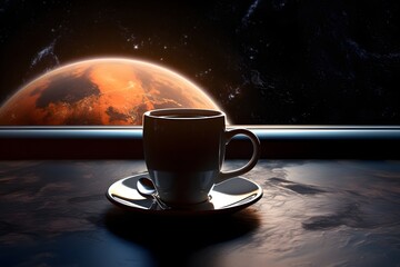 Coffee cup and planet in space. Fantasy
