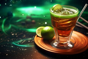 Tequila shot with lime and ice on a dark fantastic background.