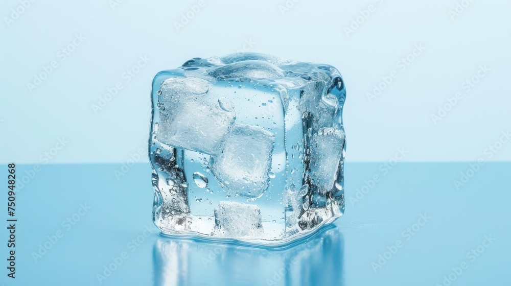 Poster an ice cube on a blue surface with water droplets on the ice and ice cubes on the bottom of the ice 