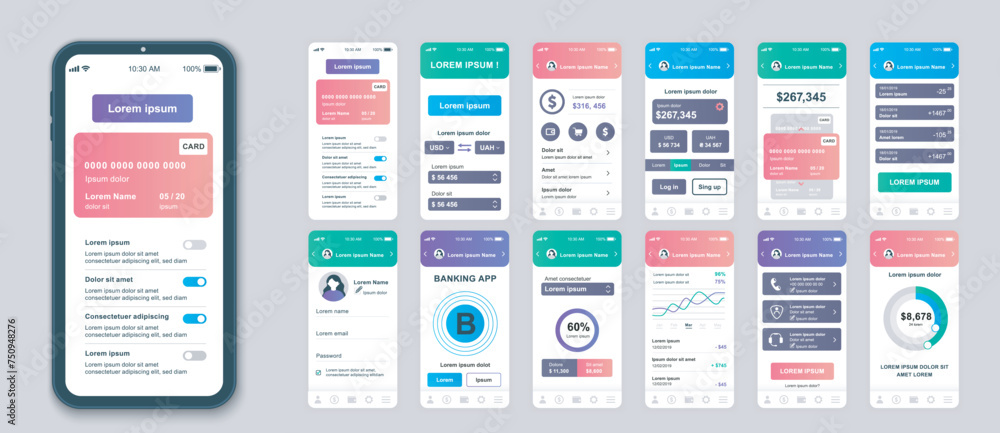 Poster banking mobile app screens set for web templates. pack of credit card information, financial managem