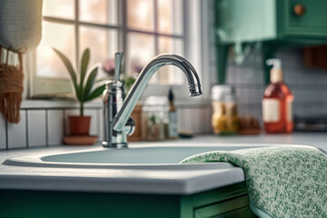 A kitchen faucet gleams against the backdrop of a beautiful kitchen interior, showcasing elegance and functionality in home design.