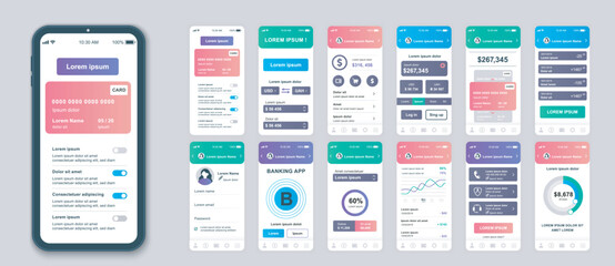 Banking mobile app screens set for web templates. Pack of credit card information, financial management, online payments menu. UI, UX, GUI user interface kit for cellphone layouts. Vector design