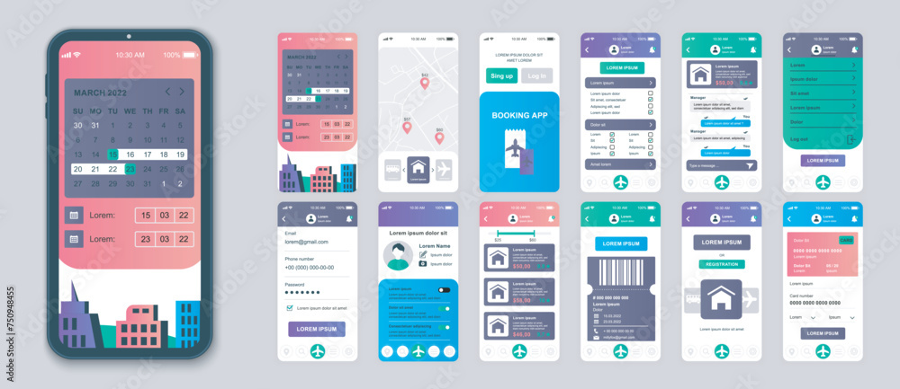 Poster booking mobile app screens set for web templates. pack of searching hotel room, online ordering flig