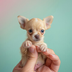 Cute minimal animal concept on pastel background. A miniature cub in a human hand on a fingertip. Cute irresistible baby dog, tiny puppy.