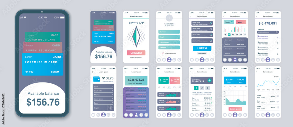 Fototapete crypto mobile app screens set for web templates. pack of financial account, cryptocurrency statistic