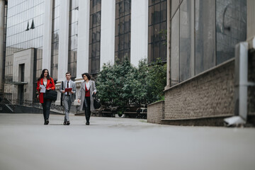 Three business professionals in smart attire walking and talking outside a modern office complex