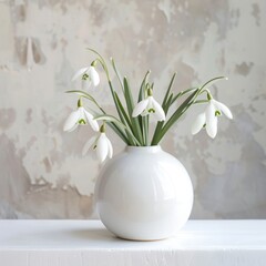 snowdrops in a white vase on the table.