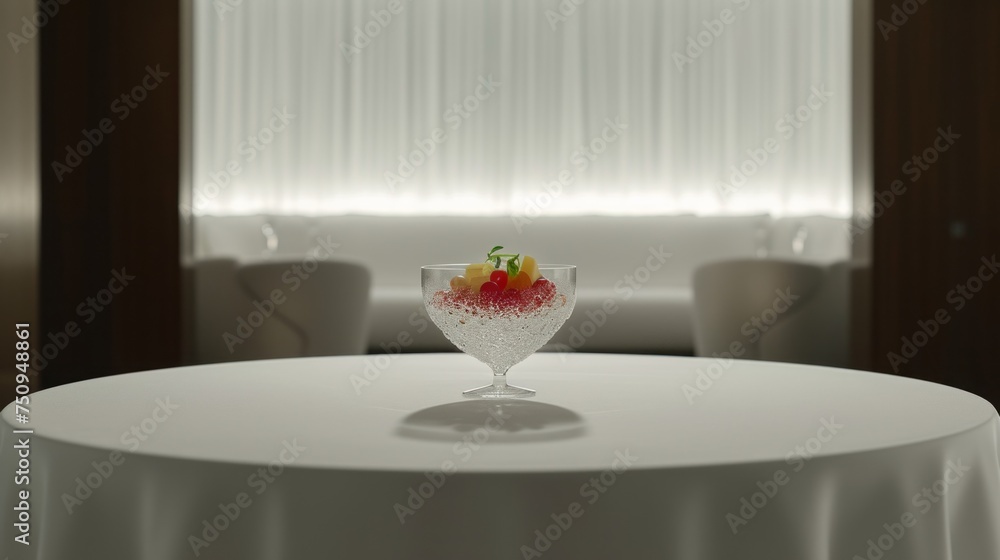 Poster a table with a white table cloth and a white table cloth with a bowl of fruit on top of it.