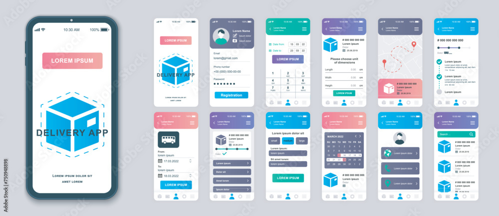 Fototapete delivery mobile app screens set for web templates. pack of shipping service, calculate package, trac