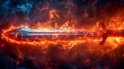 Ancient Blade Engulfed In Flames And Embers, Suspended Air With A Mystical, Fiery Aura Against Dark
