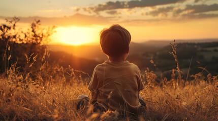 Child Watching Sunset in Golden Field