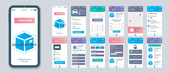 Delivery mobile app screens set for web templates. Pack of shipping service, calculate package, tracking parcel with location. UI, UX, GUI user interface kit for cellphone layouts. Vector design