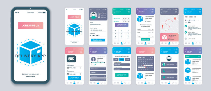 Delivery mobile app screens set for web templates. Pack of shipping service, calculate package, tracking parcel with location. UI, UX, GUI user interface kit for cellphone layouts. Vector design