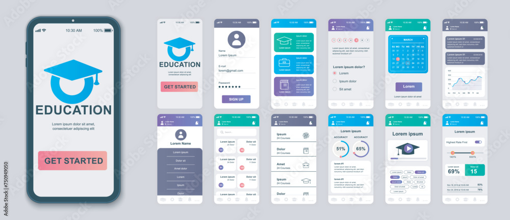 Fototapete education mobile app screens set for web templates. pack of student profile, learning courses, calen