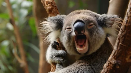 Zelfklevend Fotobehang Yawning Koala Clinging to a Tree © John