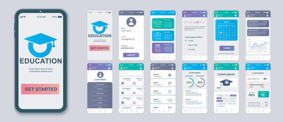 Fototapeta na wymiar Education mobile app screens set for web templates. Pack of student profile, learning courses, calendar, online lessons, progress. UI, UX, GUI user interface kit for cellphone layouts. Vector design