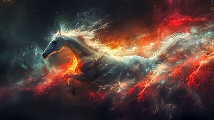 Ethereal White Horse Galloping Through A Dynamic Swirl Of Fiery Red And Cool Blue Nebulous Clouds.