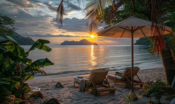 Relaxation at dusk: Sun loungers on the shore, capturing the beauty of the setting sun