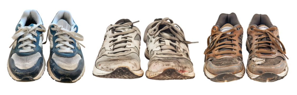 Three pairs of used and dirty running shoes over isolated transparent background