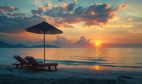 Coastal relaxation: Beachside sun loungers inviting you to enjoy the magnificent sunset