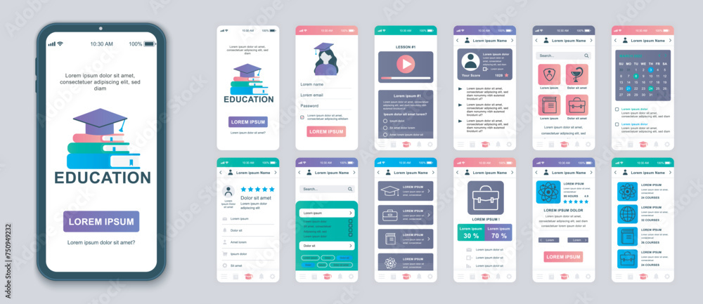 Fototapete education mobile app screens set for web templates. pack of student profile, online lessons, science