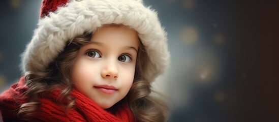 A young girl wearing a Santa hat and scarf, looking festive and adorable. She is smiling and...