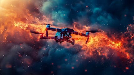 Quadcopter Drone Soaring Through A Fiery Explosion In A Dramatic, Dark Red Sky.