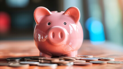 Piggy Bank Savings Concept with Coins on Table