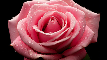 A pink rose with a dewy center and isolated on a white background