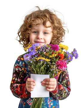 Little Caucasian girl holding bouquet of wild flowers and card in blank for text over isolated transparent background. Mother's Day conceptual image