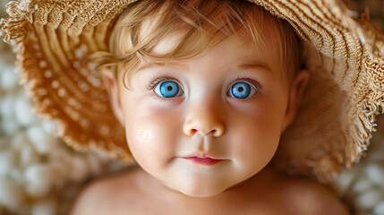 Fototapeta premium Innocence Unveiled: Baby in Straw Hat Cherubic Gaze: Blue-Eyed Toddler Under a Summer Hat