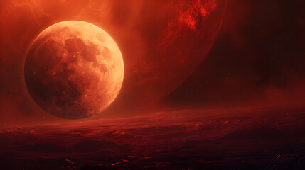 Exoplanet Landscape with Large Moon and Red Nebula