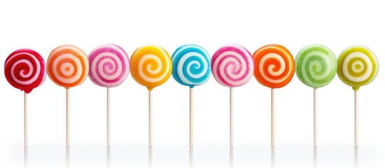 A close up view of a row of lollipops in various vibrant colors placed against a white background. The lollipops are standing upright, displaying their colorful swirls and designs.